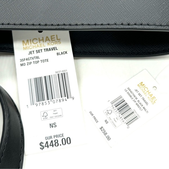 Michael Kors Medium Jet Set Travel Zip Tote Bag & Double Zip Wallet Black/Gold - Picture 13 of 13